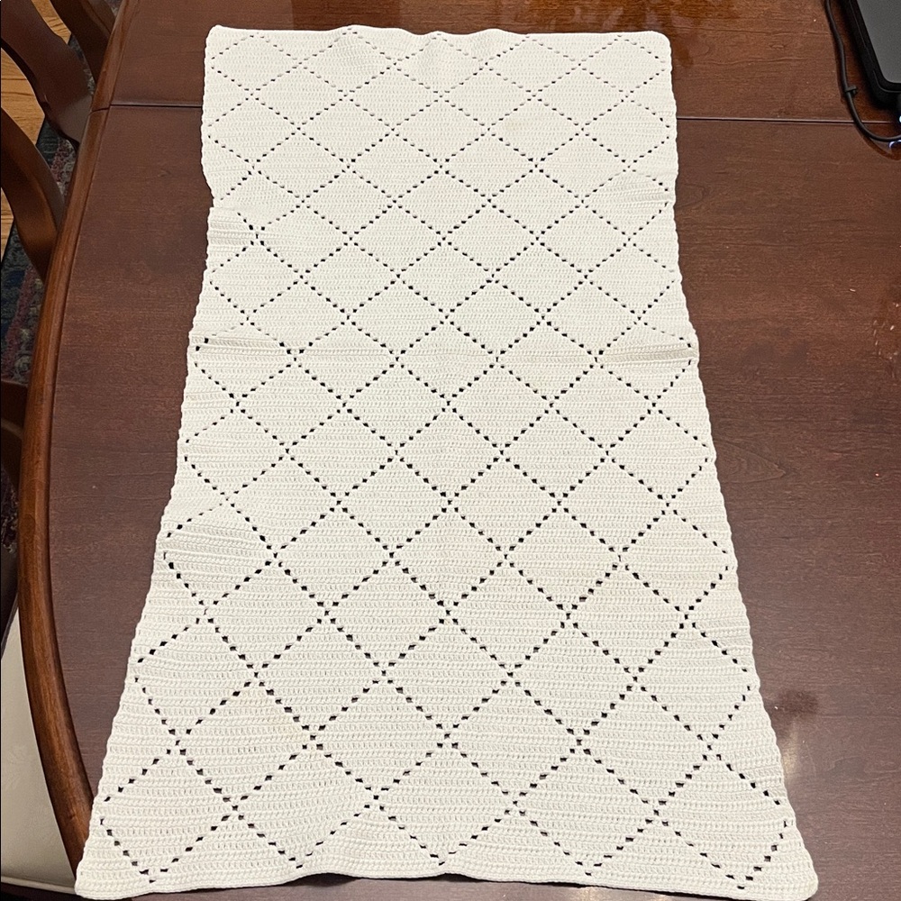 Vintage ivory crocheted doily / small table runner 27.5” x 14”